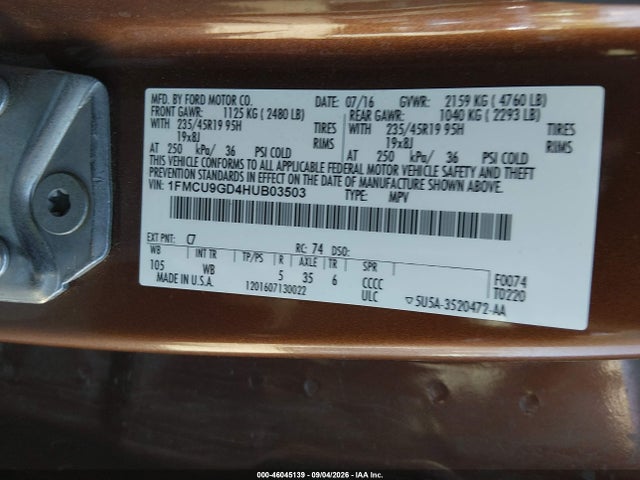 2017 Ford Escape Se მანქანა იყიდება აუქციონზე, vin: 1FMCU9GD4HUB03503, აუქციონის ნომერი: 46045139