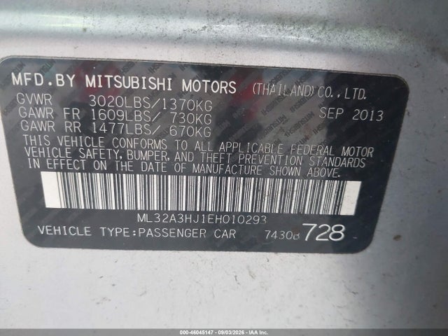 46045147 :رقم المزاد ، ML32A3HJ1EH010293 vin ، 2014 Mitsubishi Mirage De مزاد بيع