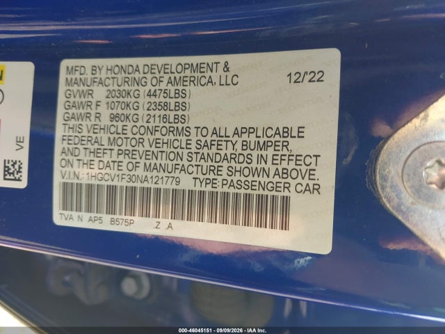 46045151 :رقم المزاد ، 1HGCV1F30NA121779 vin ، 2022 Honda Accord Sport مزاد بيع
