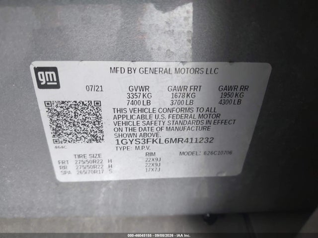 2021 Cadillac Escalade 2wd Sport მანქანა იყიდება აუქციონზე, vin: 1GYS3FKL6MR411232, აუქციონის ნომერი: 46045155