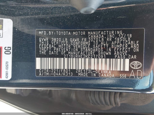 Продажа на аукционе авто 2019 Toyota Corolla Le, vin: 2T1BURHE2KC217091, номер лота: 46045160