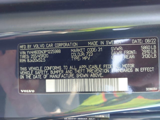 Aukcja sprzedaży 2023 Volvo Xc60 Recharge Plug-in Hybrid T8 Plus Bright Theme, vin: YV4H60DN3P1225988, numer aukcji: 46045187