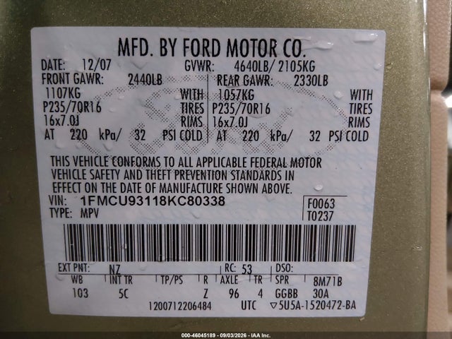 2008 Ford Escape Xlt მანქანა იყიდება აუქციონზე, vin: 1FMCU93118KC80338, აუქციონის ნომერი: 46045189
