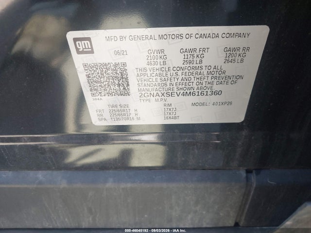 Auction sale of the 2021 Chevrolet Equinox Awd Ls, vin: 2GNAXSEV4M6161360, lot number: 46045192