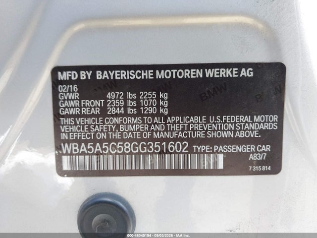 2016 Bmw 528i მანქანა იყიდება აუქციონზე, vin: WBA5A5C58GG351602, აუქციონის ნომერი: 46045194