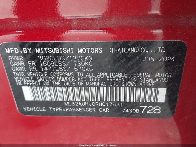 46045205 :رقم المزاد ، ML32AUHJ0RH017621 vin ، 2024 Mitsubishi Mirage Es/le مزاد بيع