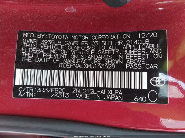 Продажа на аукционе авто 2021 Toyota Corolla Le, vin: JTDEPMAEXMJ163628, номер лота: 46045207