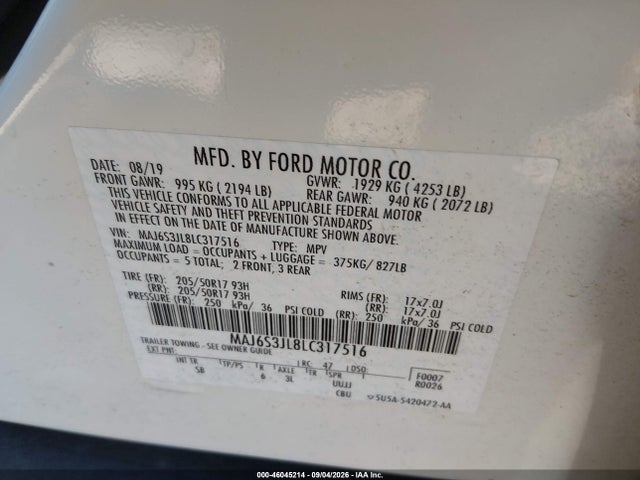 46045214 :رقم المزاد ، MAJ6S3JL8LC317516 vin ، 2020 Ford Ecosport Ses مزاد بيع