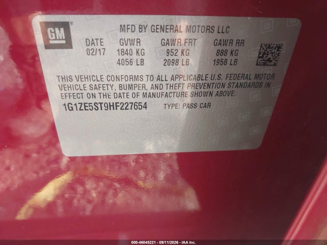 46045221 :رقم المزاد ، 1G1ZE5ST9HF227654 vin ، 2017 Chevrolet Malibu 1lt مزاد بيع