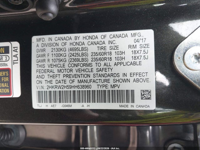 46045222 :رقم المزاد ، 2HKRW2H59HH638960 vin ، 2017 Honda Cr-v Ex مزاد بيع