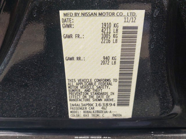 Продаж на аукціоні авто 2013 Nissan Altima 2.5 S, vin: 1N4AL3AP9DC163894, номер лоту: 46045229