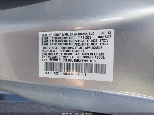 46045237 :رقم المزاد ، 5FNRL5H62EB001695 vin ، 2014 Honda Odyssey Ex-l مزاد بيع