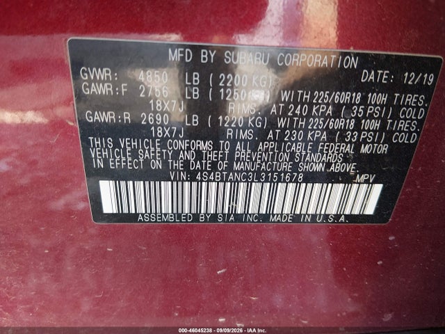 Aukcja sprzedaży 2020 Subaru Outback Limited, vin: 4S4BTANC3L3151678, numer aukcji: 46045238