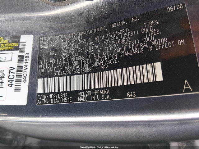 Aukcja sprzedaży 2006 Toyota Sienna Xle, vin: 5TDZA22C16S518888, numer aukcji: 46045256