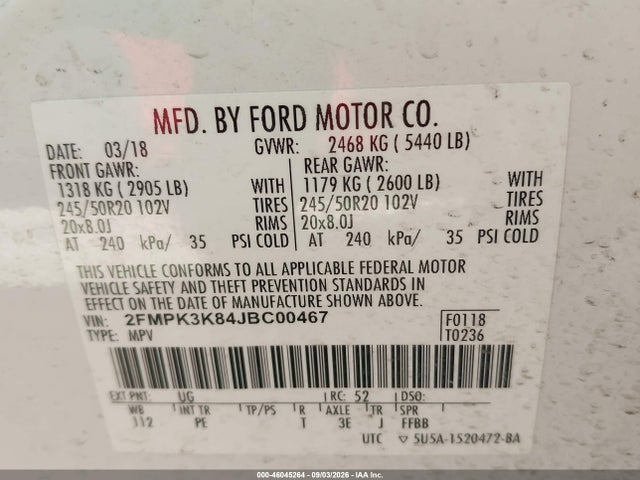 2018 Ford Edge Titanium მანქანა იყიდება აუქციონზე, vin: 2FMPK3K84JBC00467, აუქციონის ნომერი: 46045264