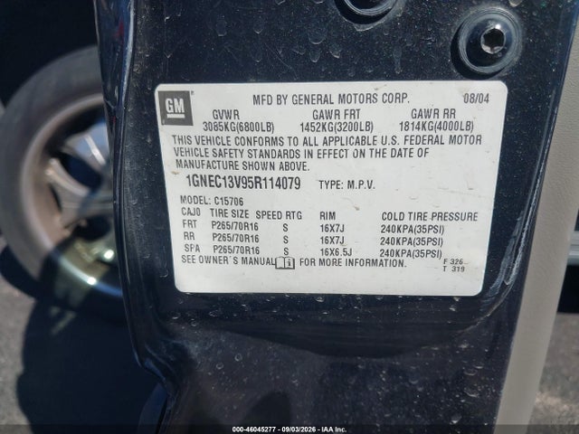46045277 :رقم المزاد ، 1GNEC13V95R114079 vin ، 2005 Chevrolet Tahoe Ls مزاد بيع