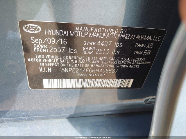 Продаж на аукціоні авто 2017 Hyundai Sonata, vin: 5NPE24AF6HH496687, номер лоту: 46045287
