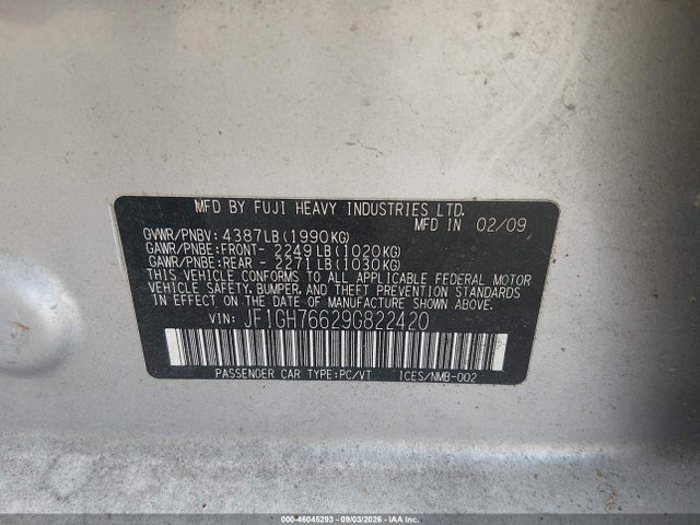 Продаж на аукціоні авто 2009 Subaru Impreza Wrx, vin: JF1GH76629G822420, номер лоту: 46045293