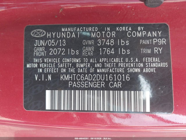 2013 Hyundai Veloster Base W/black მანქანა იყიდება აუქციონზე, vin: KMHTC6AD2DU161016, აუქციონის ნომერი: 46045301