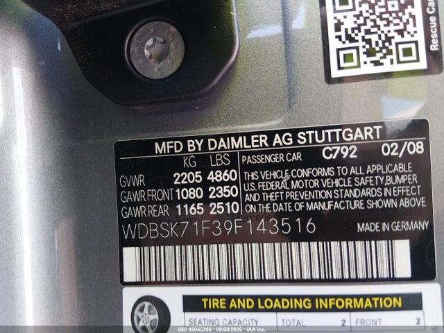 46045309 :رقم المزاد ، WDBSK71F39F143516 vin ، 2009 Mercedes-benz Sl 550 مزاد بيع