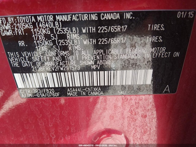 2T3BFREV2FW291573 Toyota RAV4 LE