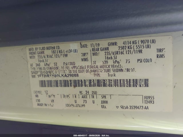 Продажа на аукционе авто 2020 Ford Transit-250, vin: 1FTBR1Y80LKA29988, номер лота: 46045317