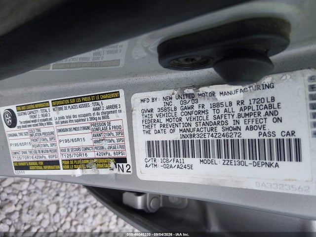 2004 Toyota Corolla Le მანქანა იყიდება აუქციონზე, vin: 1NXBR32E74Z246272, აუქციონის ნომერი: 46045320