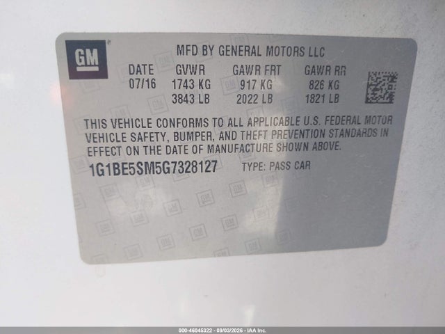 Продажа на аукционе авто 2016 Chevrolet Cruze Lt Auto, vin: 1G1BE5SM5G7328127, номер лота: 46045322