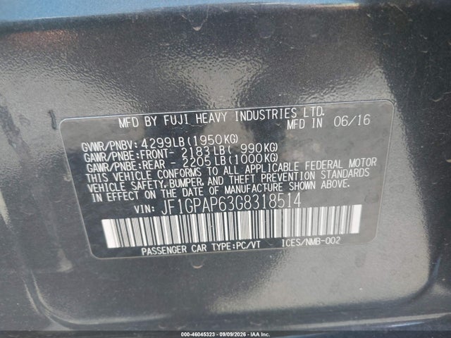 2016 Subaru Impreza 2.0i Sport Premium მანქანა იყიდება აუქციონზე, vin: JF1GPAP63G8318514, აუქციონის ნომერი: 46045323