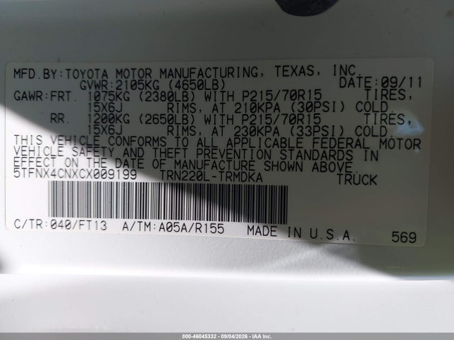 Aukcja sprzedaży 2012 Toyota Tacoma, vin: 5TFNX4CNXCX009199, numer aukcji: 46045332