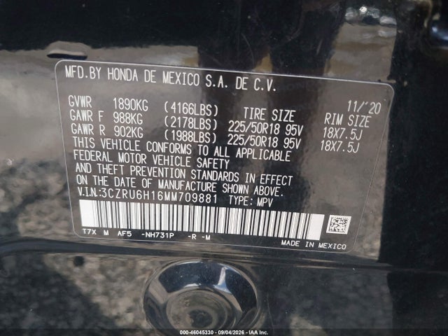 Продаж на аукціоні авто 2021 Honda Hr-v Awd Sport, vin: 3CZRU6H16MM709881, номер лоту: 46045330