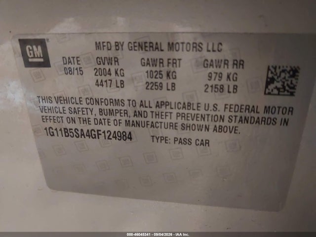 Aukcja sprzedaży 2016 Chevrolet Malibu Limited Ls, vin: 1G11B5SA4GF124984, numer aukcji: 46045341