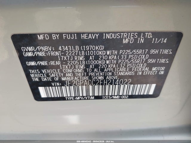 Aukcja sprzedaży 2015 Subaru Xv Crosstrek 2.0i Premium, vin: JF2GPACC2FH214022, numer aukcji: 46045342