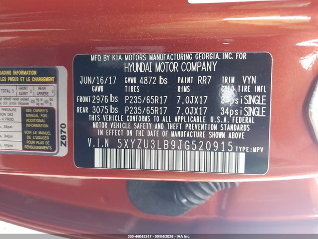 Aukcja sprzedaży 2018 Hyundai Santa Fe Sport 2.4l, vin: 5XYZU3LB9JG520915, numer aukcji: 46045347