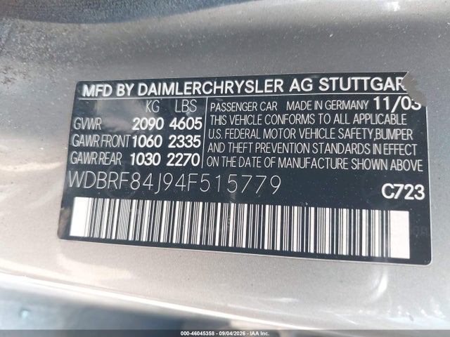 2004 Mercedes-benz C 320 4matic მანქანა იყიდება აუქციონზე, vin: WDBRF84J94F515779, აუქციონის ნომერი: 46045358