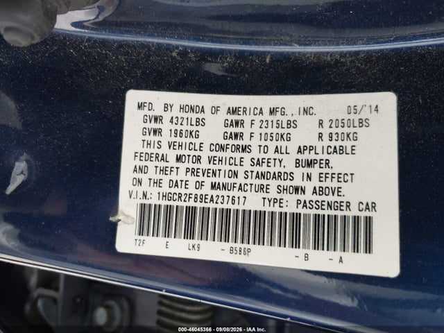 Aukcja sprzedaży 2014 Honda Accord Ex-l, vin: 1HGCR2F89EA237617, numer aukcji: 46045366