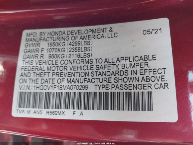 Продажа на аукционе авто 2021 Honda Accord Lx, vin: 1HGCV1F18MA070299, номер лота: 46045381
