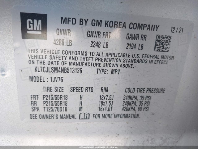 Продаж на аукціоні авто 2022 Chevrolet Trax Fwd Lt, vin: KL7CJLSM4NB513126, номер лоту: 46045410
