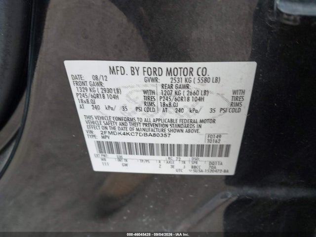 2013 Ford Edge Limited მანქანა იყიდება აუქციონზე, vin: 2FMDK4KC7DBA80357, აუქციონის ნომერი: 46045428