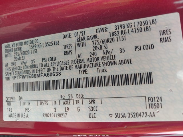 46045442 :رقم المزاد ، 1FTFW1E86MFA60638 vin ، 2021 Ford F-150 Lariat مزاد بيع