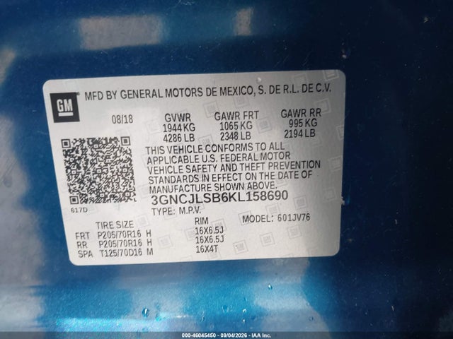 Продаж на аукціоні авто 2019 Chevrolet Trax Lt, vin: 3GNCJLSB6KL158690, номер лоту: 46045450