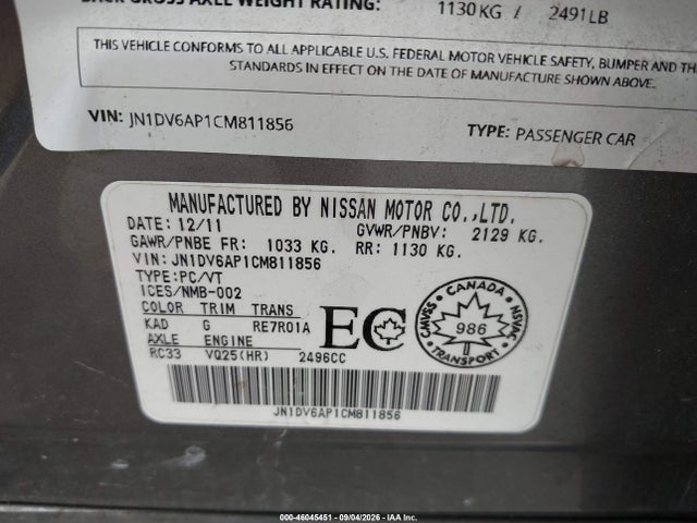 Aukcja sprzedaży 2012 Infiniti G25, vin: JN1DV6AP1CM811856, numer aukcji: 46045451