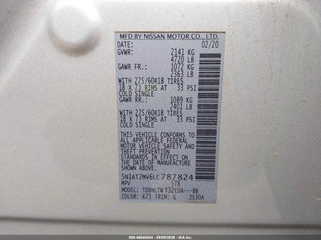 46045454 :رقم المزاد ، 5N1AT2MV6LC787824 vin ، 2020 Nissan Rogue Sv Intelligent Awd مزاد بيع