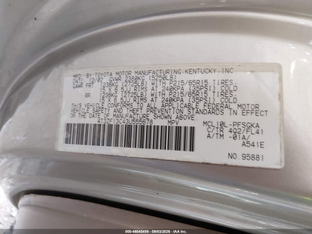 Aukcja sprzedaży 2003 Toyota Sienna Xle, vin: 4T3ZF13C43U555678, numer aukcji: 46045456