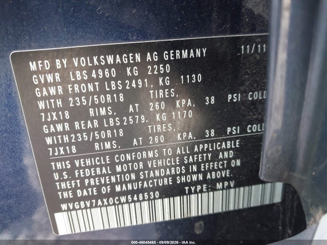 46045465 :رقم المزاد ، WVGBV7AX0CW548530 vin ، 2012 Volkswagen Tiguan Se مزاد بيع