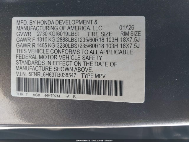 Auction sale of the 2026 Honda Odyssey Ex-l, vin: 5FNRL6H63TB038547, lot number: 46045472