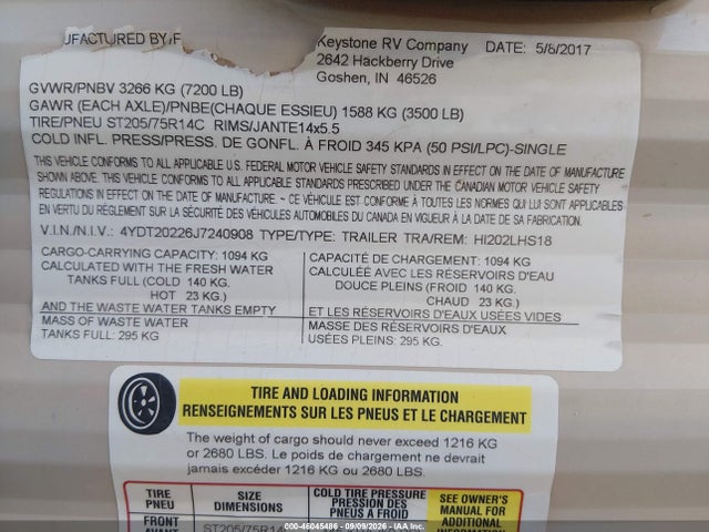 46045486 :رقم المزاد ، 4YDT20226J7240908 vin ، 2018 Keystone Rv Other مزاد بيع