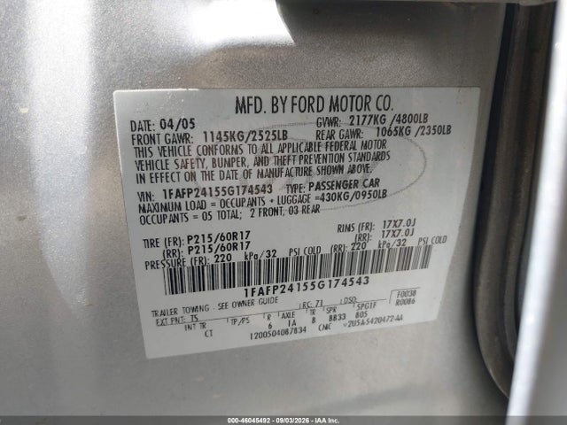 Auction sale of the 2005 Ford Five Hundred Sel, vin: 1FAFP24155G174543, lot number: 46045492