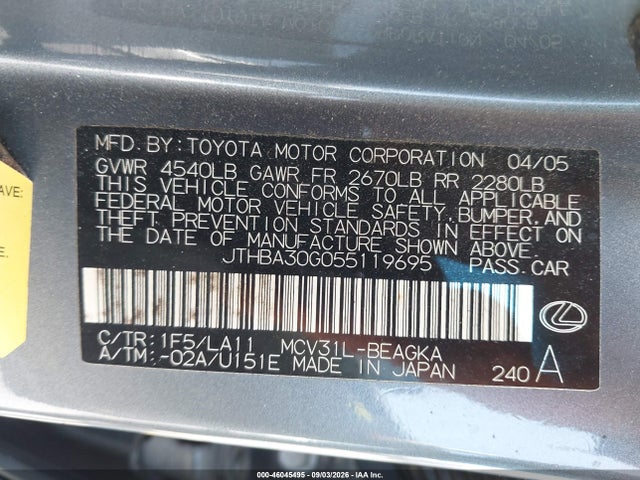 Продажа на аукционе авто 2005 Lexus Es 330, vin: JTHBA30G055119695, номер лота: 46045495
