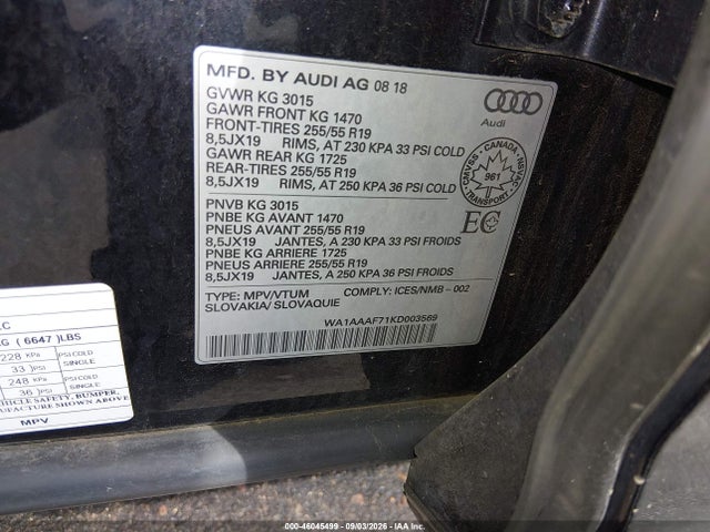 Aukcja sprzedaży 2019 Audi Q7 55 Premium/55 Se Premium, vin: WA1AAAF71KD003569, numer aukcji: 46045499